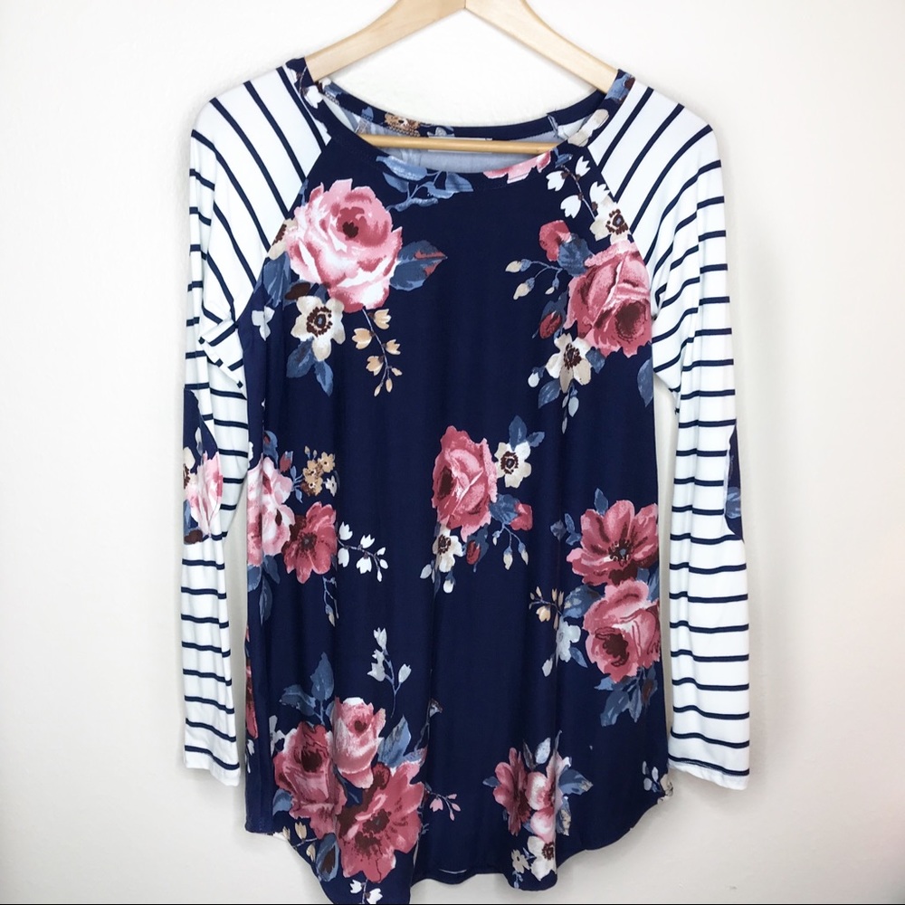Patched elbow Floral long sleeve striped blouse 💐
